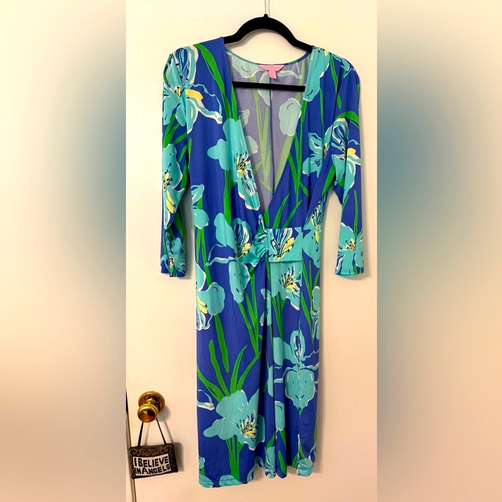 Lilly floral iris print faux wrap dress